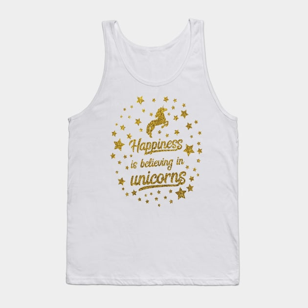 Happiness is believing in unicorns gold glitter Christmas Unicorn Design Tank Top by sarahwainwright
